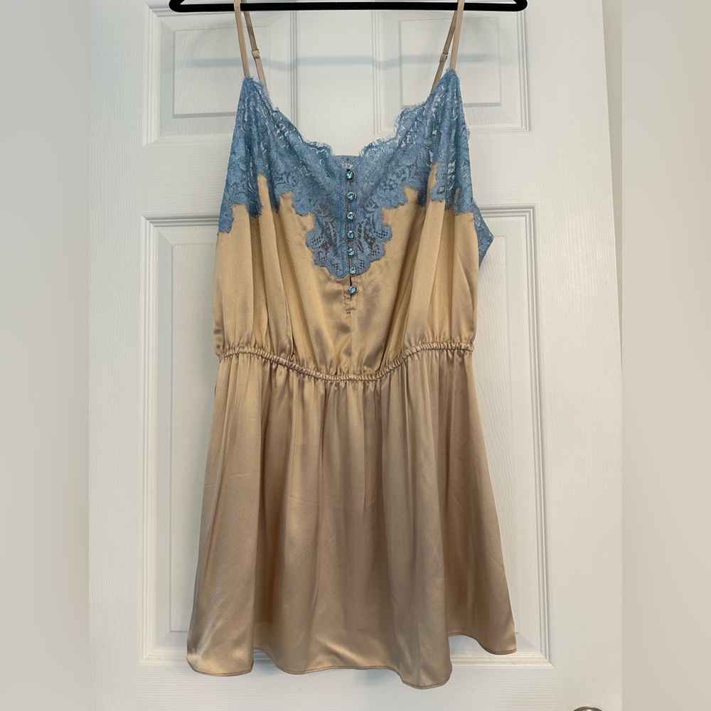 Rosamosario 100% Silk Satin and Chantilly French Lace Camisole Nude and Blue